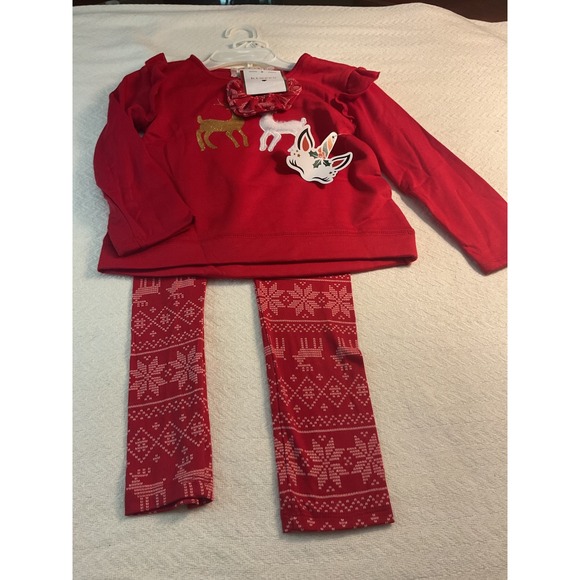 btween Christmas Outfit Set Girls Red Holiday Reindeer Snowflake Bow NWT Size 5 - Picture 1 of 8